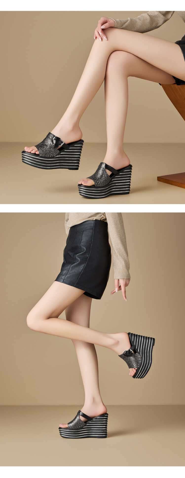 Dép sandal nữ quai chữ V da thật đế xuồng cao 12 cm — [Bạc], [Đen], [Vàng nhạt] chi tiết 6