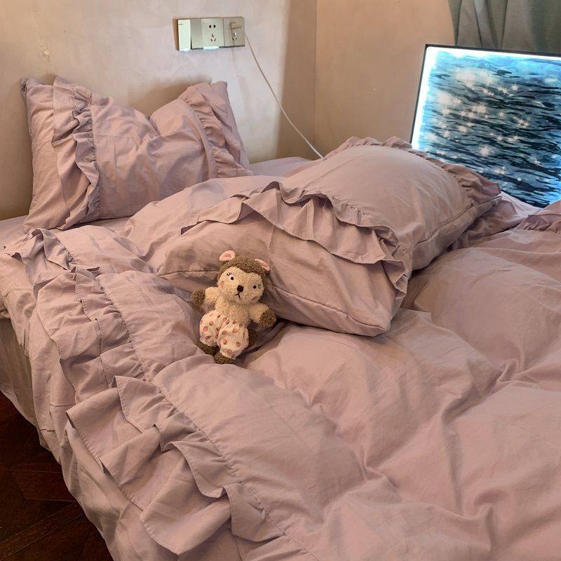 Princess Style Purple Lotus Leaf Lace Quilt Cover Four-Piece Bedding Set Washed Cotton Double Bed Sheets Dormitory Three-Piece Set