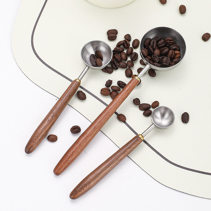 Cross-border 304 stainless steel coffee bean measuring spoon walnut wooden handle food scale spoon fruit powder milk tea powder seasoning spoon