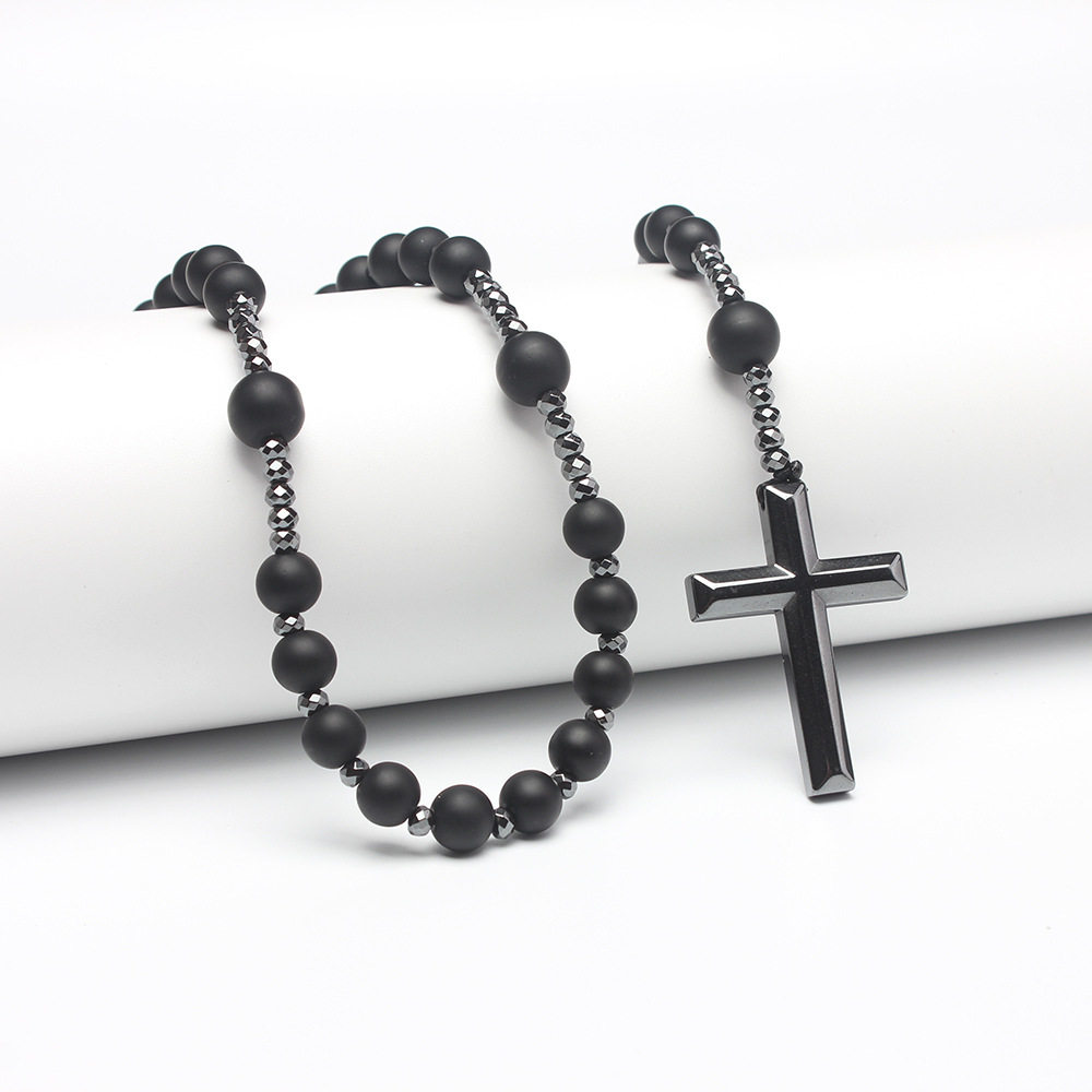 2022 summer new cross-border black natural round beads long chain black stone cross rosary beads men's necklace wholesale