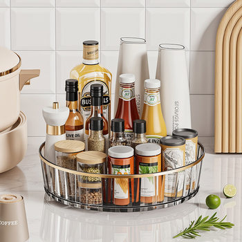 Round Rotating Spice Rack Kitchen Countertop Multi-Functional Oil Salt Sauce Vinegar Seasoning Rack Cosmetics Storage Box