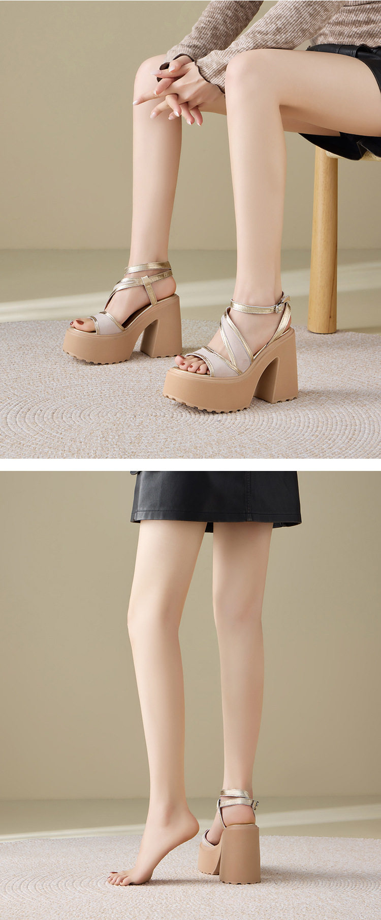 Sandal cao gót nữ mũi hở đế xuồng 12 cm da bò thật — [Đen], [Vàng nhạt], [Bạc] chi tiết 4
