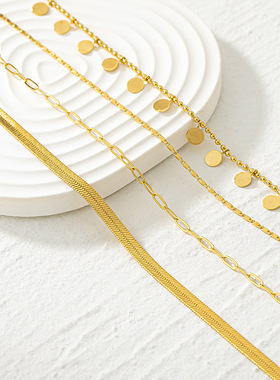 一套多件套蛇骨圆片链条拼接项链铜镀18K金优雅复古ins简约冷淡风