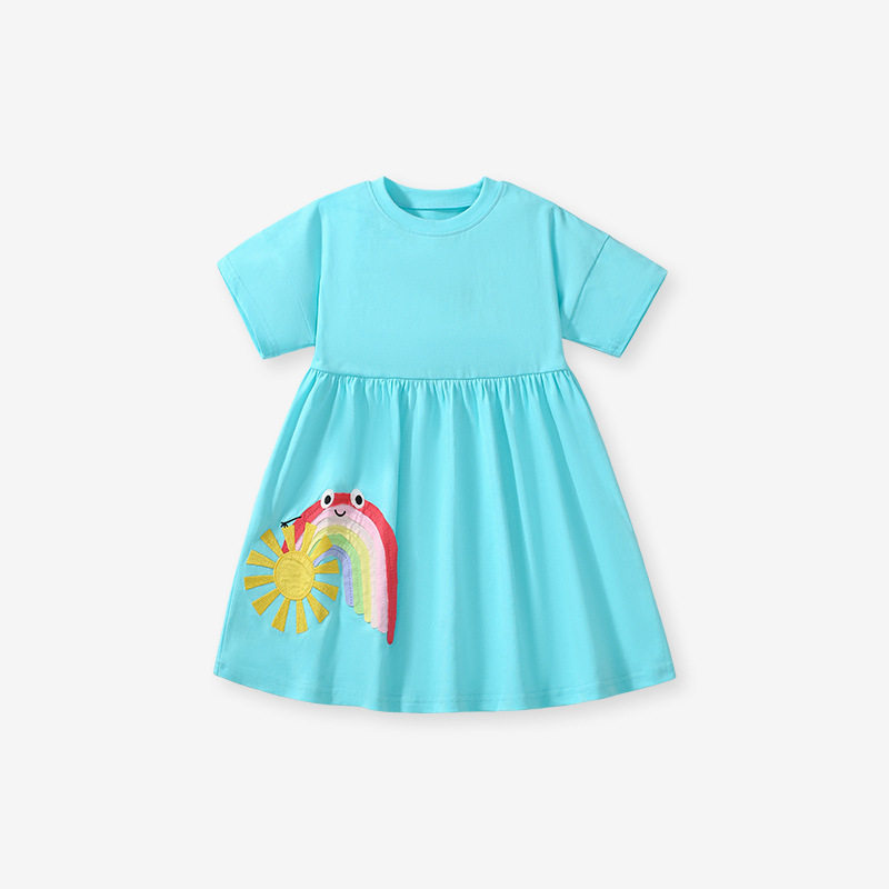 Girls' Cute Rainbow Short-Sleeve Dress, Summer Cotton Kids' Dress