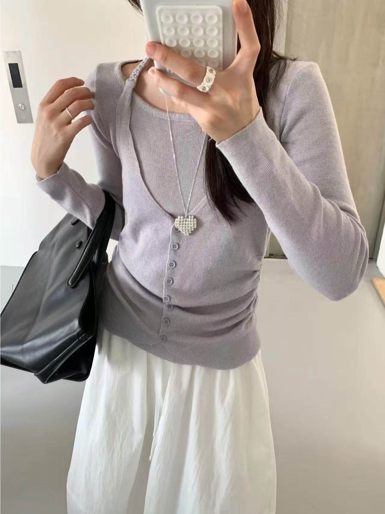 挂脖拼接长袖针织衫假两件上衣2026春季新款高级感巨好看t恤女装