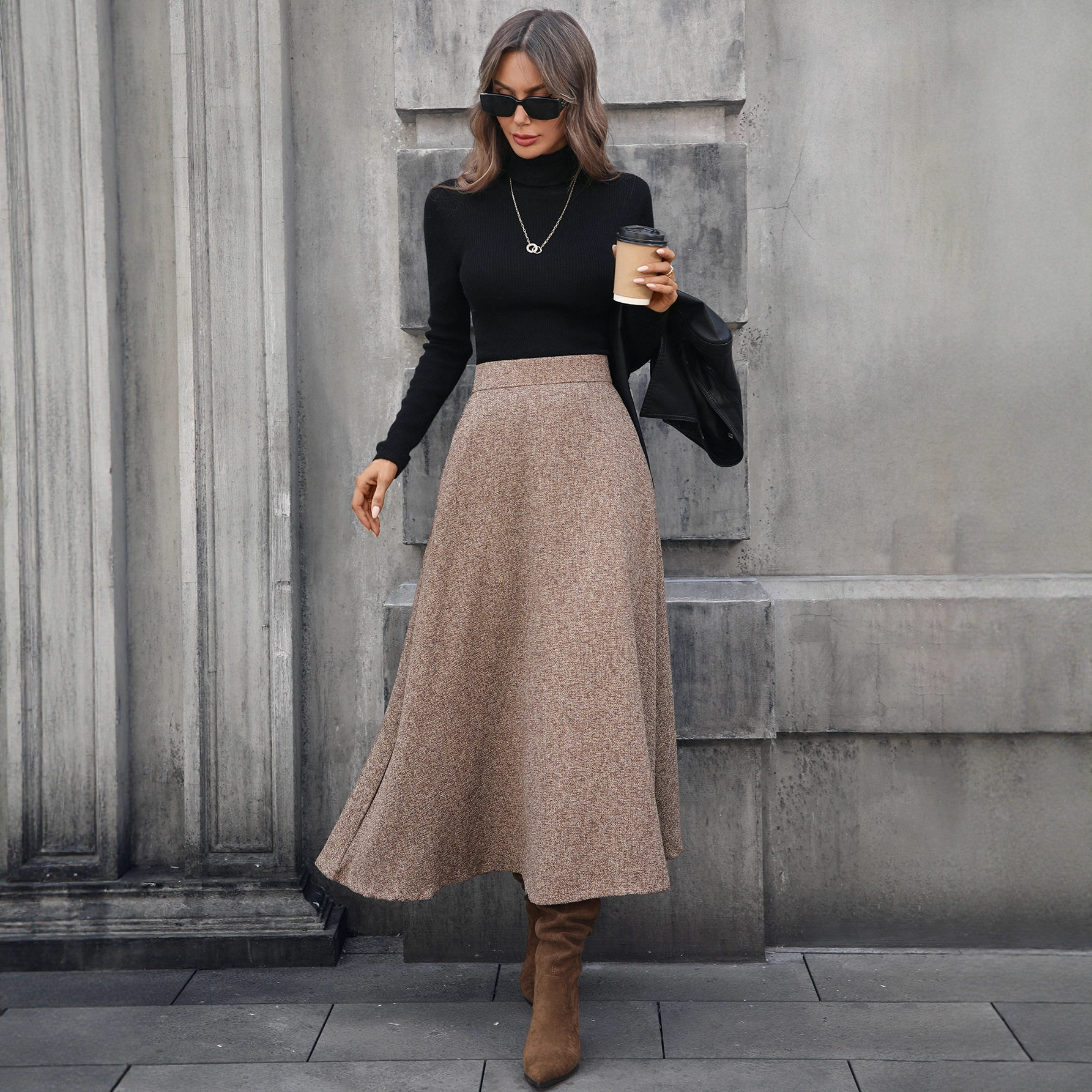 Woolen A Line Midi Skirt High Quality Fabric Elegant Draping Autumn Winter Style Ready to Ship Wholesale Available