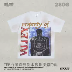 GLFS White Inkjet Direct Print VALE Washed Distressed Shotgun Target Print Pure Cotton Short Sleeve T-Shirt Unisex