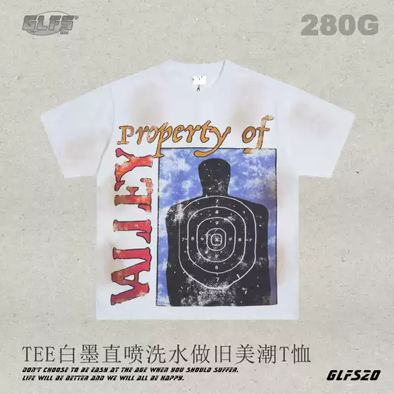 GLFS White Ink Direct Print VALE Washed Distressed Shooting Target Print Cotton Short Sleeve T-Shirt for Men and Women
