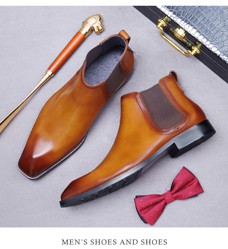 Giày Chelsea boot nam da bò thật cổ thấp dây chun hai bên — Màu nâu vàng, Màu đen (kiểu lót lông), Màu đen, Màu nâu vàng mẫu lót nhung