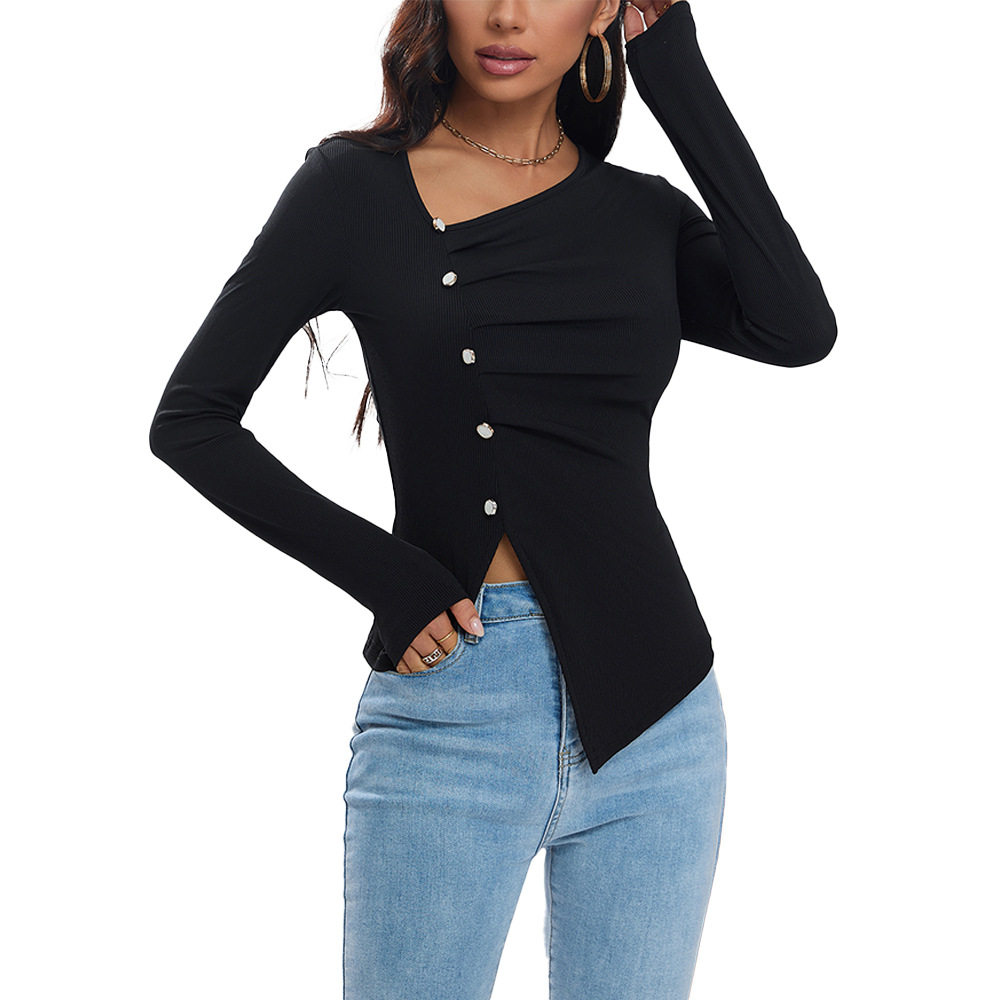Womens Knitted Top Wrinkle Design Button Detail Asymmetrical Style Autumn Winter Fashion Wholesale Available