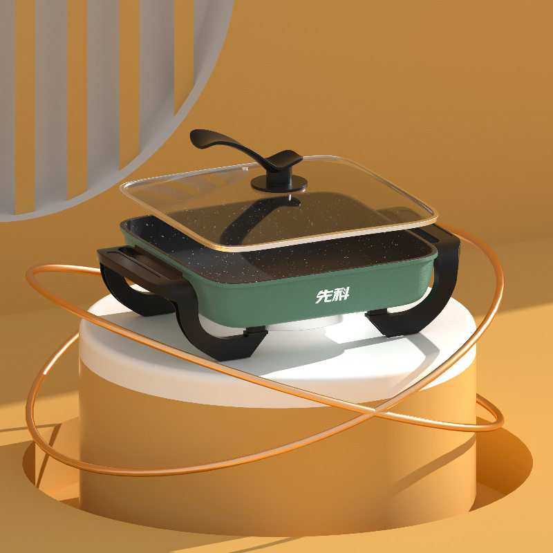 Factory Outlet Xianke Electric Hot Pot Korean Multifunctional Maifanite Household Kitchen Electric Pot Gift Double Tube Square Pot