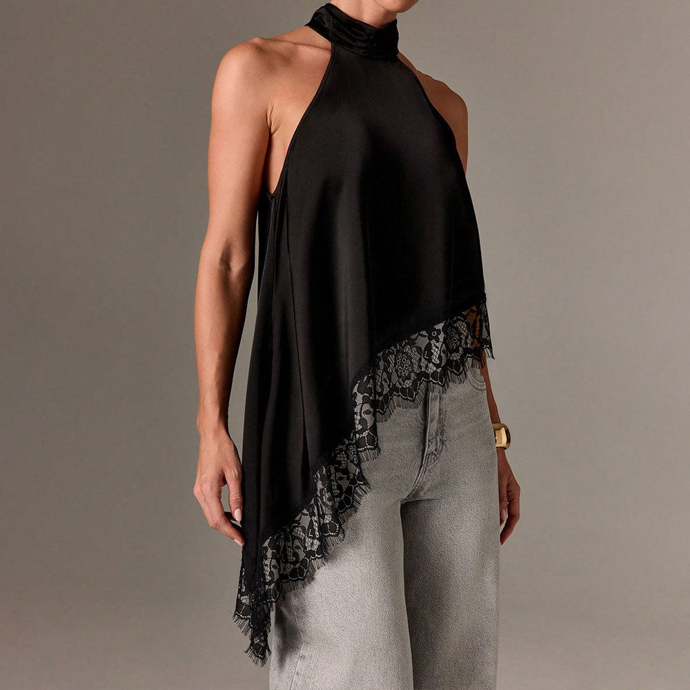 Summer Womens Satin Lace Panel Halter Neck Sleeveless Top Asymmetrical Design Small Stand Collar Elegant Style