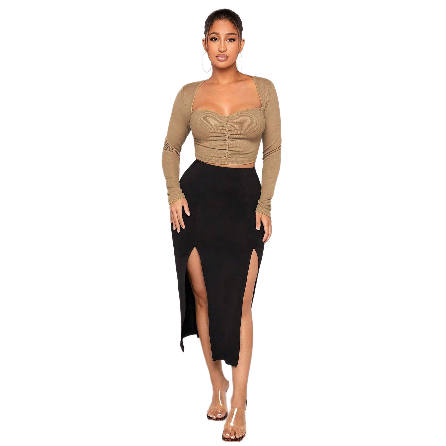 Vintage Square Neck Long Sleeve T Shirt Slim Fit Pleated Design Knitted Fabric Casual Wear Spring Fall Wholesale