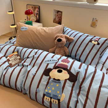 Autumn and Winter Thickeneded Brushed Cotton Bed Four-Piece Set Pure Cotton Cartoon Kidsren's Towel Embroidered Quilt Cover Bed Bed Sheets Three-Piece Set