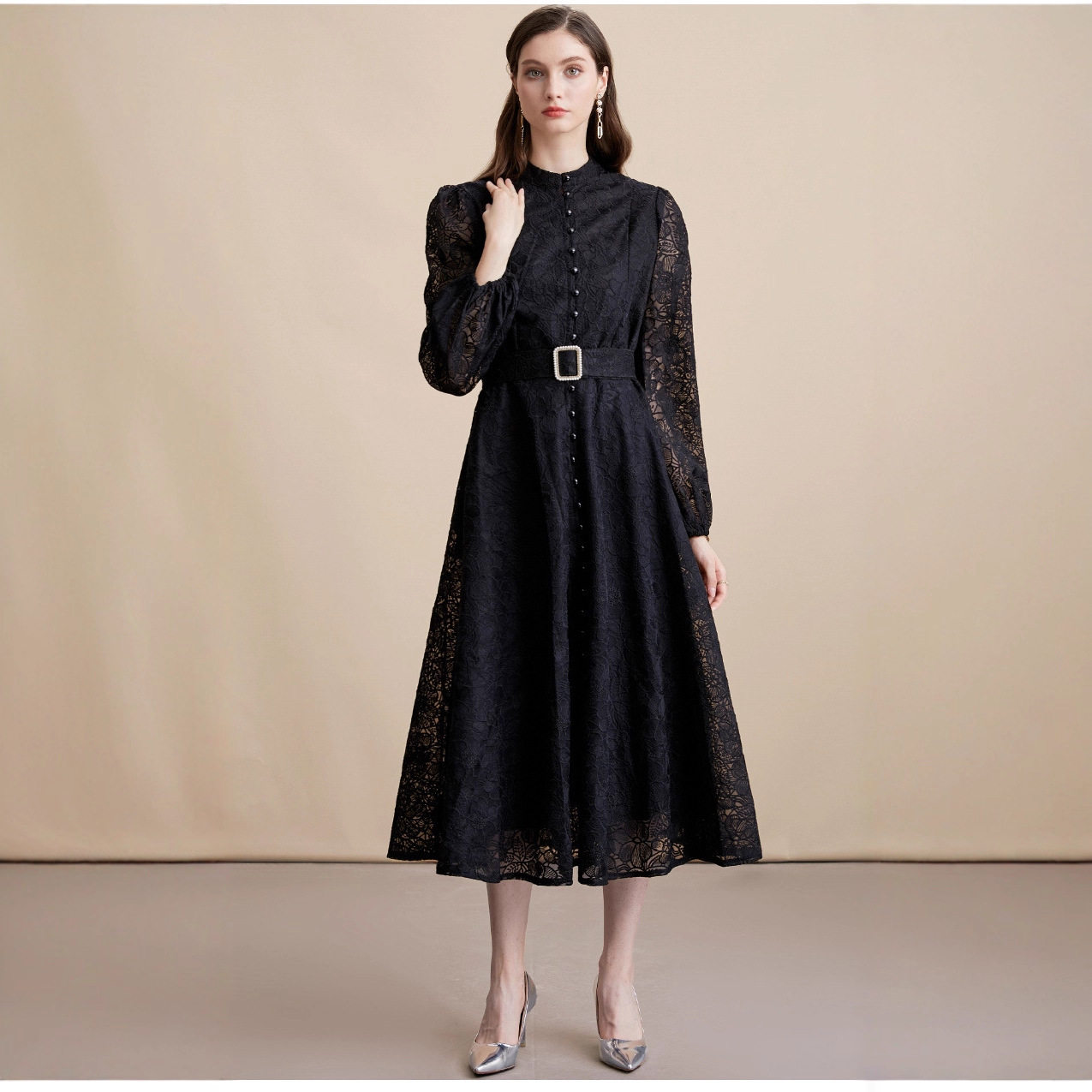 Elegant French Style Lace Embroidered Dress Stand Collar Button Closure Waist Defined Flared Skirt Autumn Fashion