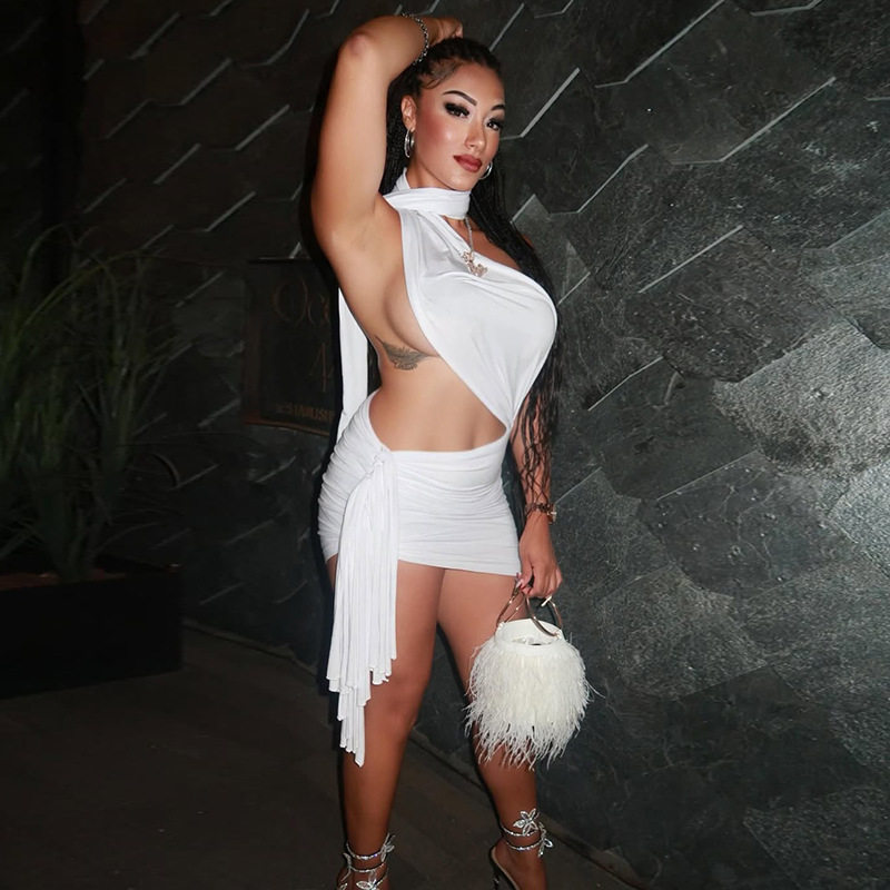 Womens Bodycon Mini Dress Solid Color Sexy Backless Ruched Design Adjustable Straps Casual Streetwear Wholesale