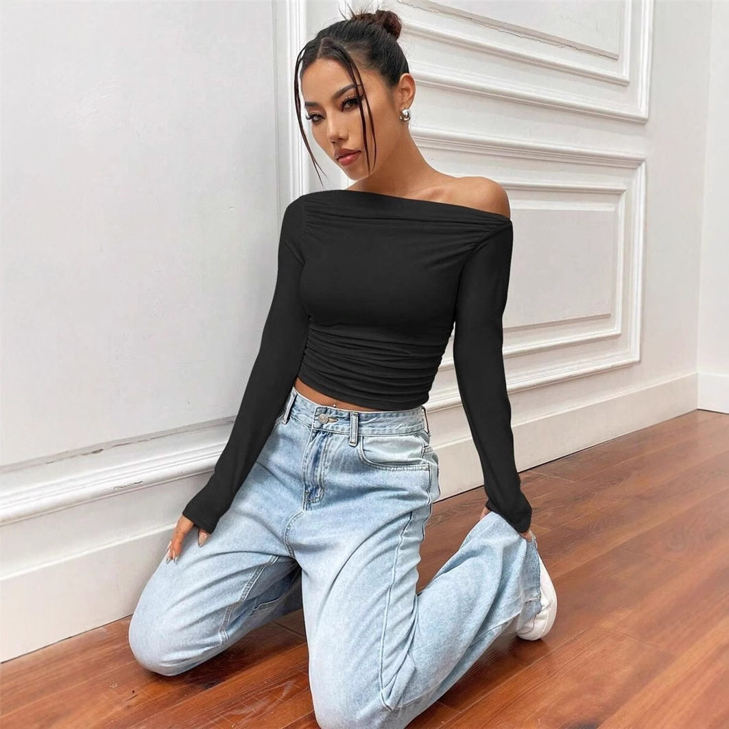 Slim Fit Asymmetrical Long Sleeve Womens T Shirt Versatile Design Pleated Detail Spring Summer Style Wholesale