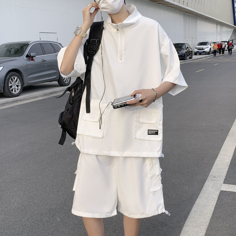 潮流情侣装短袖拉链T恤套装痞帅男士春夏季ins潮牌宽松工装衣服