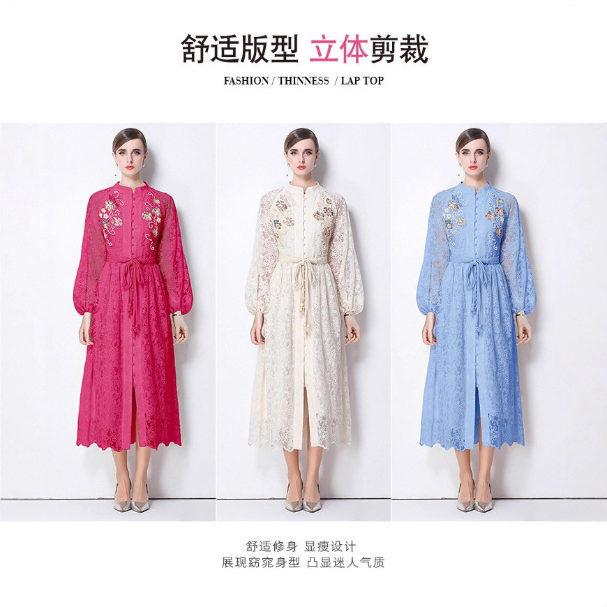 French Vintage Embroidered Dress Beaded Sequined Waist Tie Lantern Sleeves Elegant Autumn Long Dress Wholesale