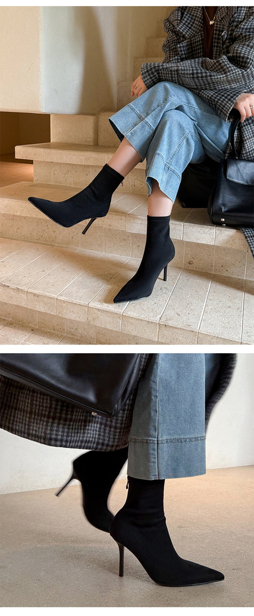 Boot nữ cổ cao qua gối gót nhọn cao 9cm chất liệu da lộn co giãn — Lớp lót đơn kaki ống ngắn, Lớp lót đơn màu đen ống ngắn, Lớp lót nhung đen ngắn, Lớp lót nhung kaki ngắn