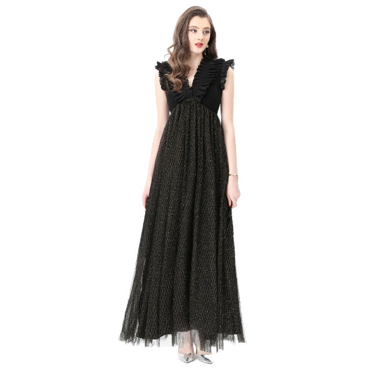 Elegant French Style Dress Ruffled V Neck Waist Defining Slim Fit Sheer Long Skirt Perfect for Formal Occasions