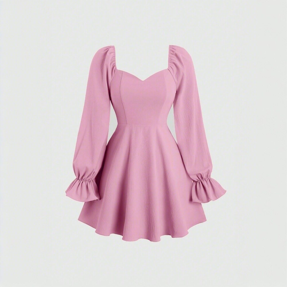Pink Sweetheart Puff Sleeve Mini Dress Square Neck Waist Defining Flattering Fit Spring Summer Fashion Wholesale