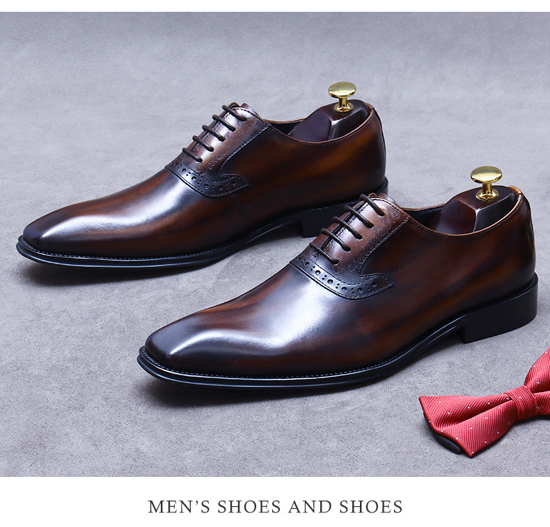 Giày Oxford nam mũi nhọn da bò thật phối màu thủ công, giày tây công sở cỡ lớn — màu đen, Nâu cổ điển
