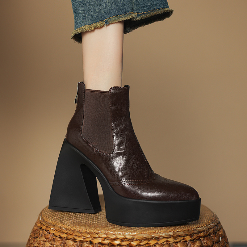 Boot nữ cổ thấp gót thô mũi nhọn phong cách Chelsea — Màu đen lót một lớp, Màu đen lót nhung, Màu nâu lót một lớp, Màu nâu lót nhung