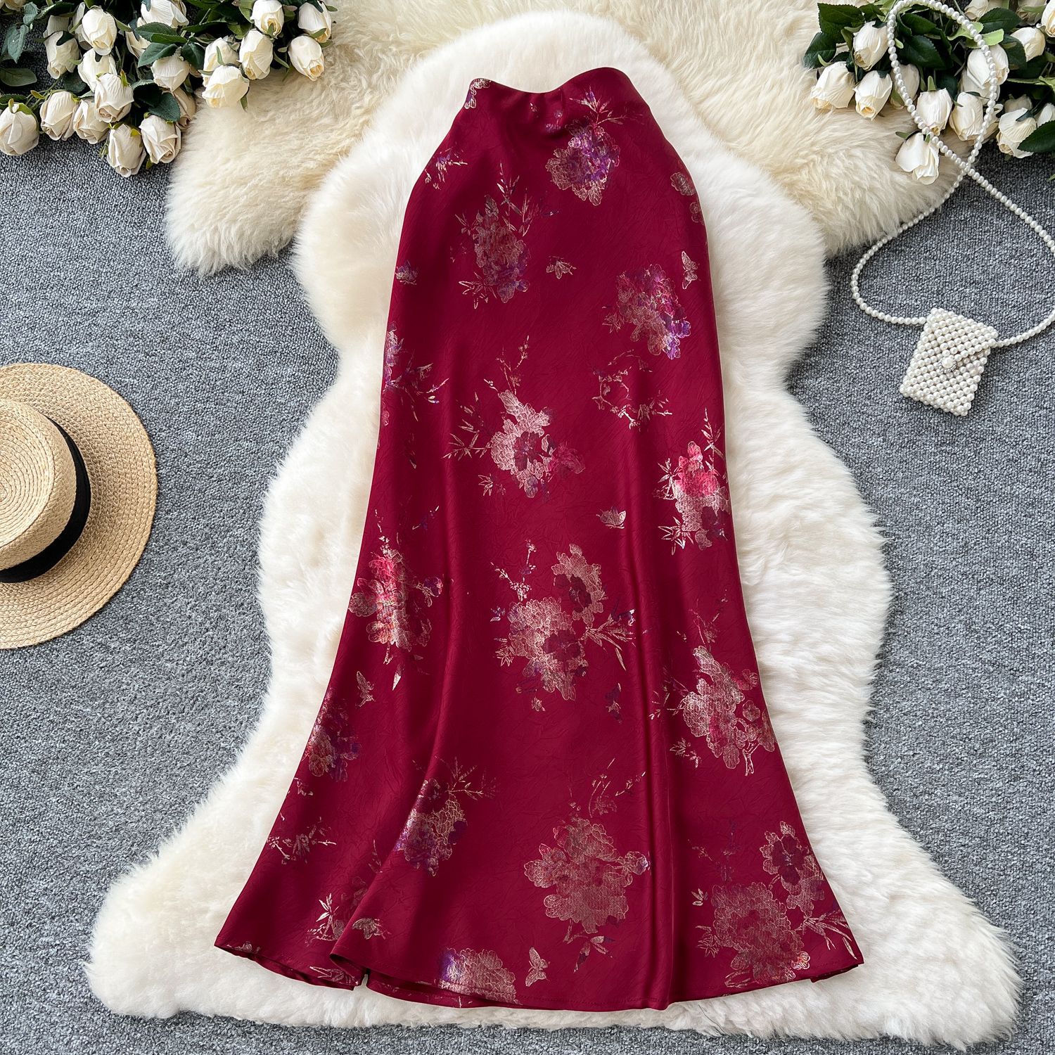 High Waist Mermaid Skirt for Women Satin Fabric Gold Foil Print Elegant Summer Style