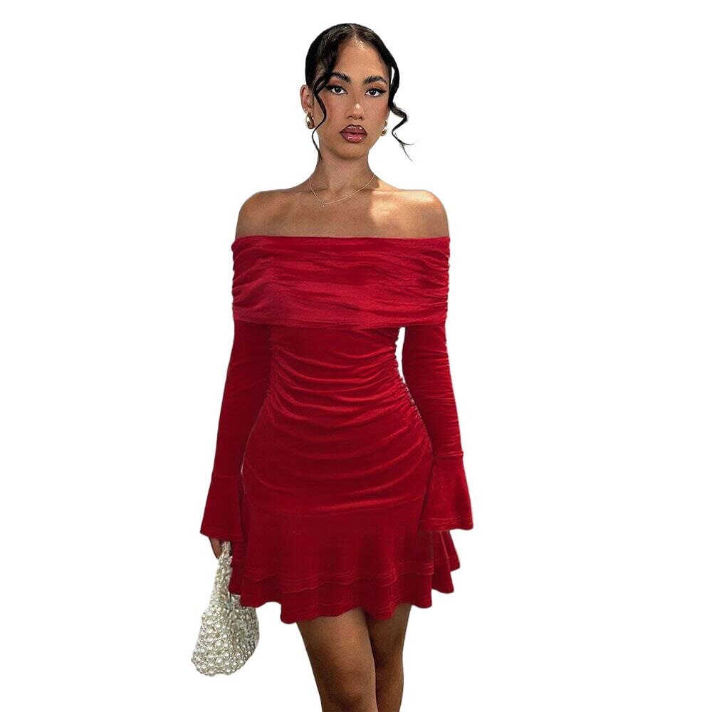 Velvet Off Shoulder Bodycon Dress Sexy Ruffle Long Sleeves Spring Summer Fashion Wholesale Available