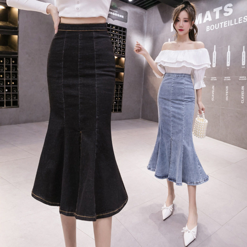 High Waisted Denim Midi Skirt Ruffled Hem Bodycon Fit Stretch Fabric Spring and Autumn Fashion Wholesale Available