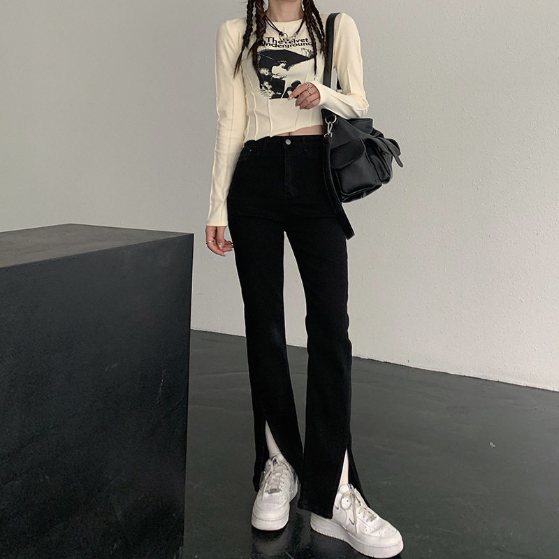 High Waisted Slimming Jeans for Women Spring Korean Style Front Split Casual Straight Leg Wholesale Available