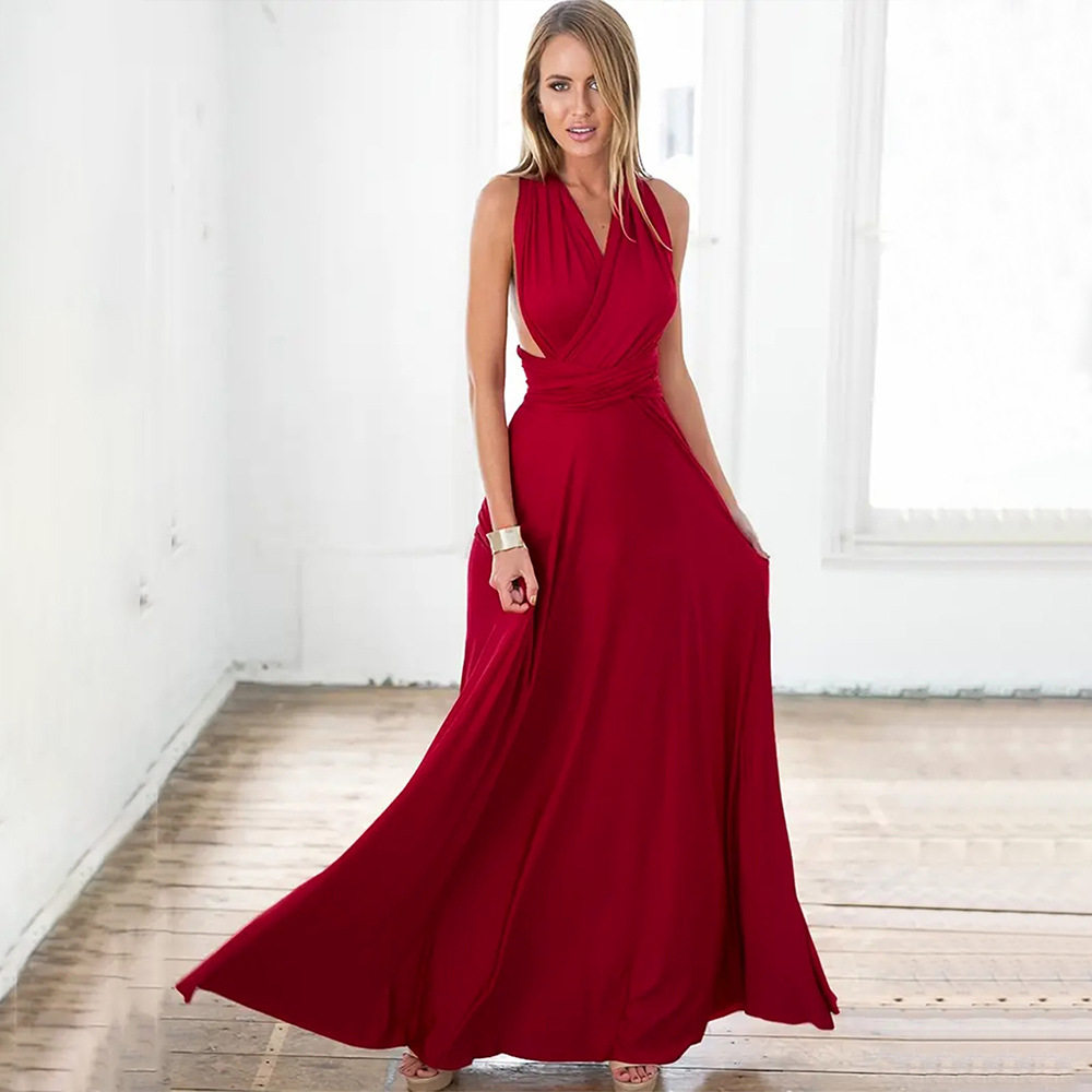 Summer Maxi Dress Versatile Tie Styles Halter Neck Red Color Perfect for Beach Parties or Casual Outings Wholesale