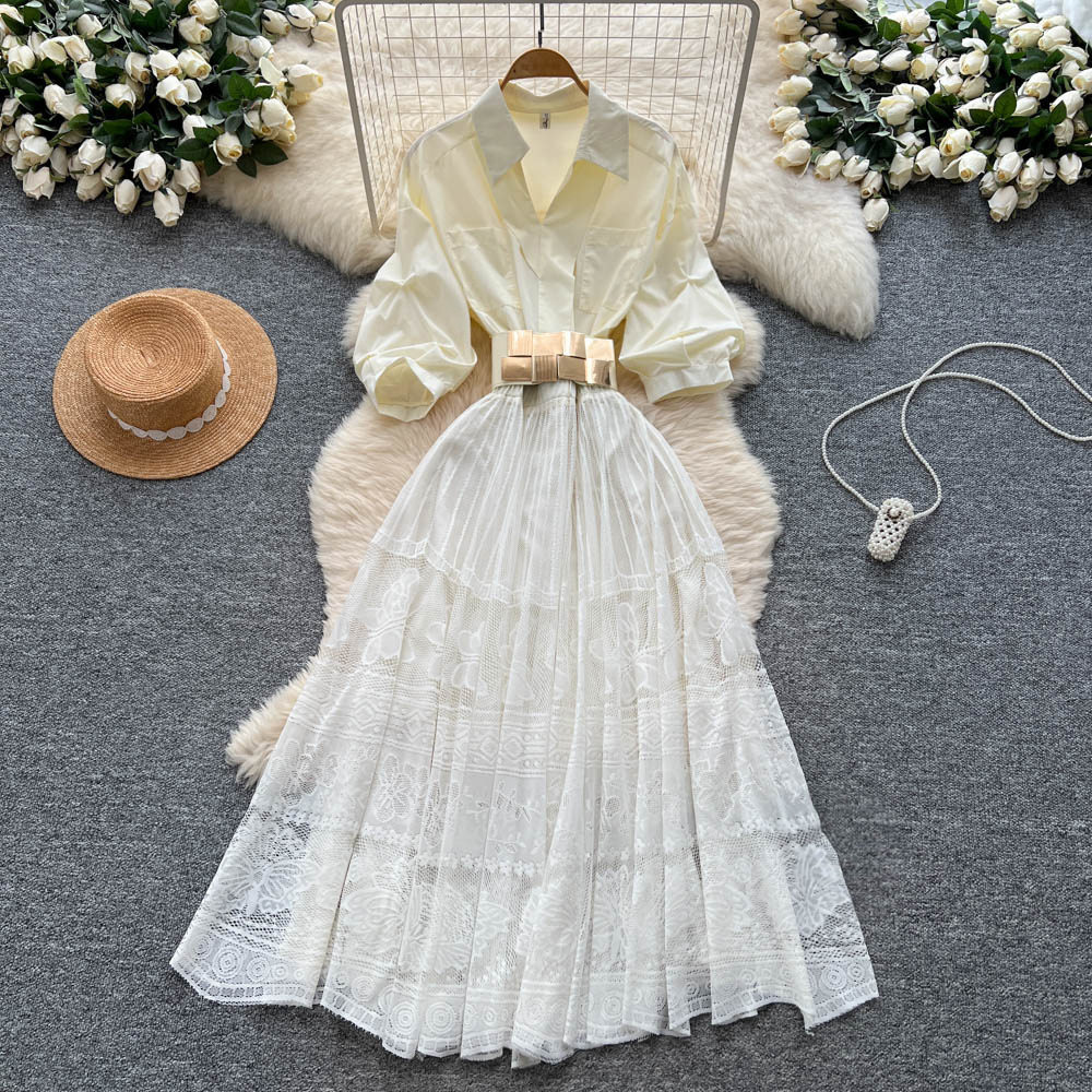 French Elegant Embroidered Mesh Dress Lantern Sleeves Waist Defining Color Block Design Summer Evening Wear