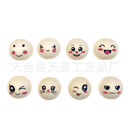 低价批发跨境热销20MM印笑脸木珠散珠手工DIY穿珠娃娃头饰品玩具
