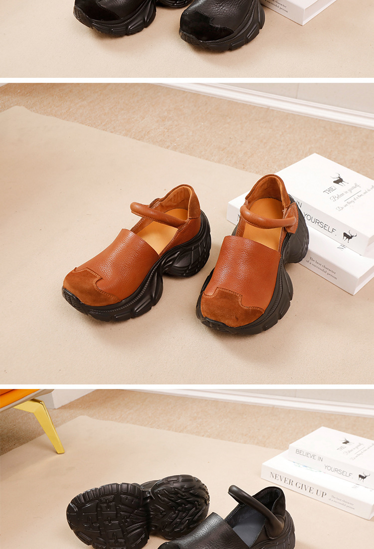 Giày sneaker nữ da bò thật đế dày phong cách thể thao — Màu đen, Màu nâu nhạt