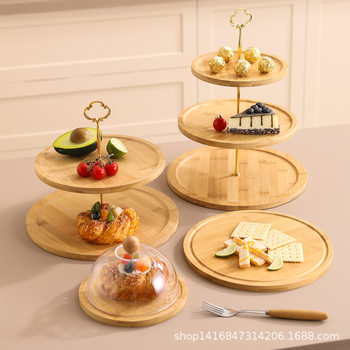 Bamboo Multi-Layer Dessert Plate Snack Fruit Cake Plate Home Practical Dustproof Transparent Cover Dessert Tray Wood Products