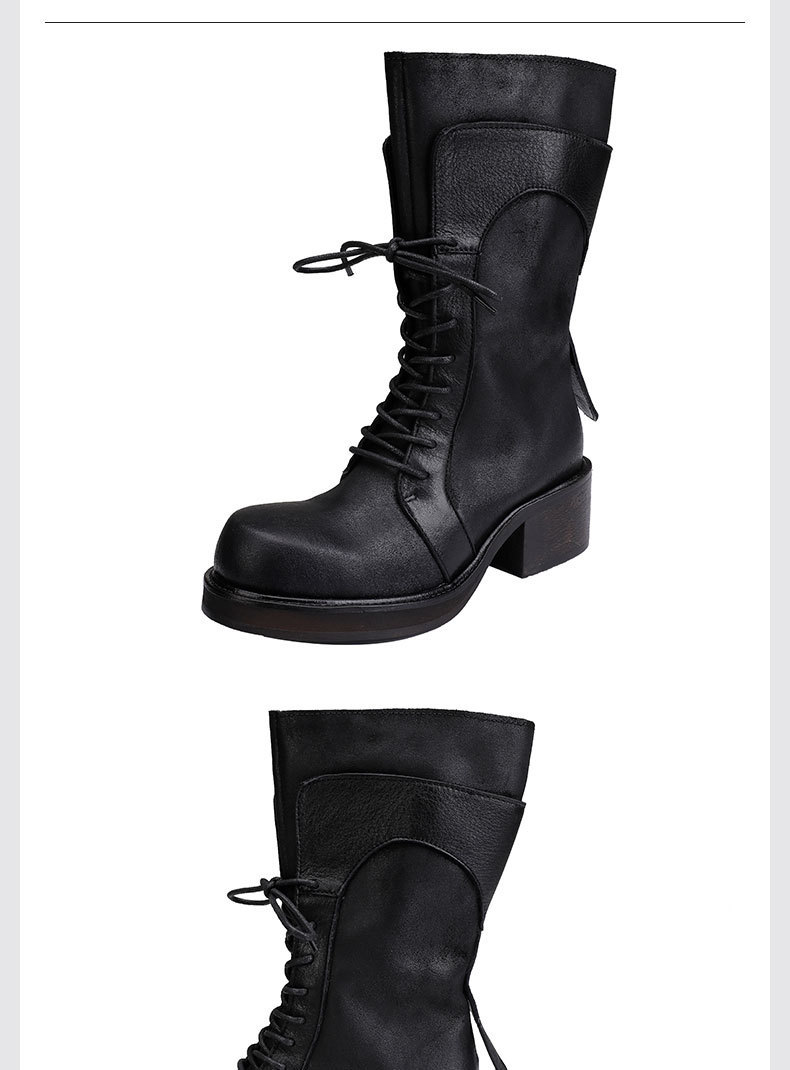 Boot Martin nữ da bò thật cổ trung, khóa kéo bên, gót vuông — Màu cà phê, Màu đen