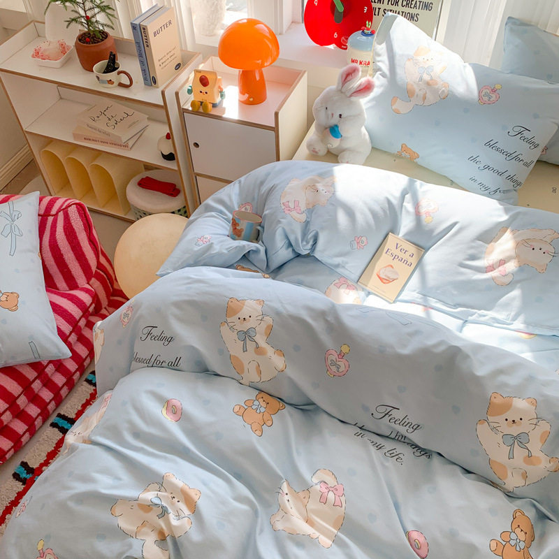 2025 Spring All-Cotton Four-Piece Set with Cartoon Print, Pure Cotton Bedding Set, Duvet Cover, Bed Sheet for 1.2m Bed, Three-Piece Set Wholesale