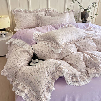 Thickened Princess Style Double-Layer Lace Four-Piece Set Imitation Cotton French Fresh Korean Style Quilt Cover Bed Sheetss Bedding