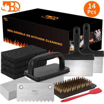Cross-border Barbecue Cleaning Tool Shovel Multi-functional Stainless Steel BBQ Barbecue Cleaning Brush 14-piece Set Three-in-one