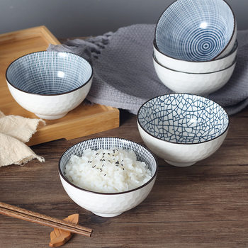 High Bowl Japanese Creative Design Diamond Pattern Stroke Flower Crack Soup Bowl Noodle Bowl Household Ceramic Tableware Rice Bowl