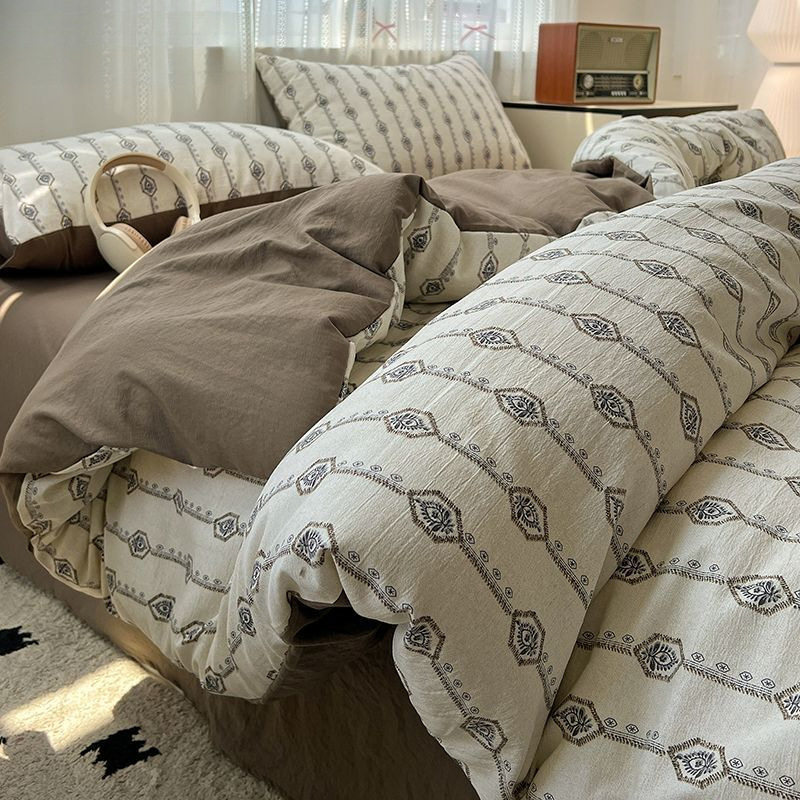 Class a Original Hemp Linen Bed Jacquard Four-Piece Set Single and Double Retro Style Thickeneded Quilt Cover Bed Sheets Dormitory Three-Piece Set