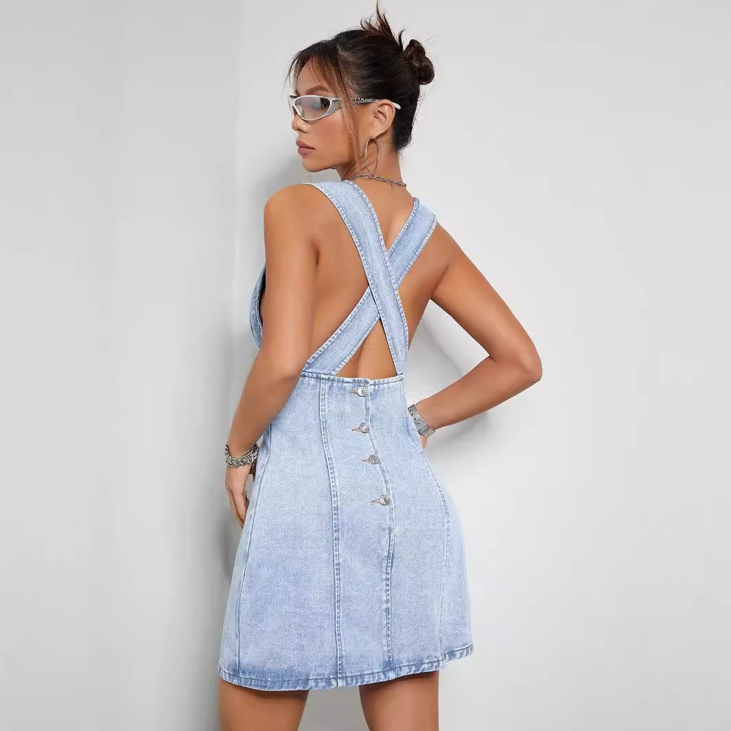 Slim Fit Denim Dress V Neck Sleeveless Backless Casual Summer Wear Wholesale Available fast shipping