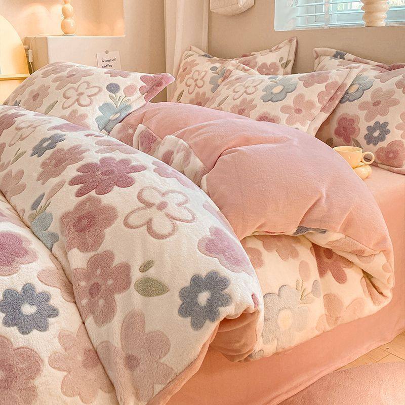 Milk Velvet Four-Piece Set Thickeneded Autumn and Winter Coral Velvet Bed Bed Sheetss Flannel Double-Sided Fleece-Lined Quilt Cover Three-Piece Set
