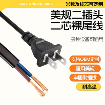 American Standard Two-Prong Power Cord with Plug, 2-Core Two-Hole Plug, American Standard American 2-Prong Bare Tail Wire, Pure Copper Single-Head Wire
