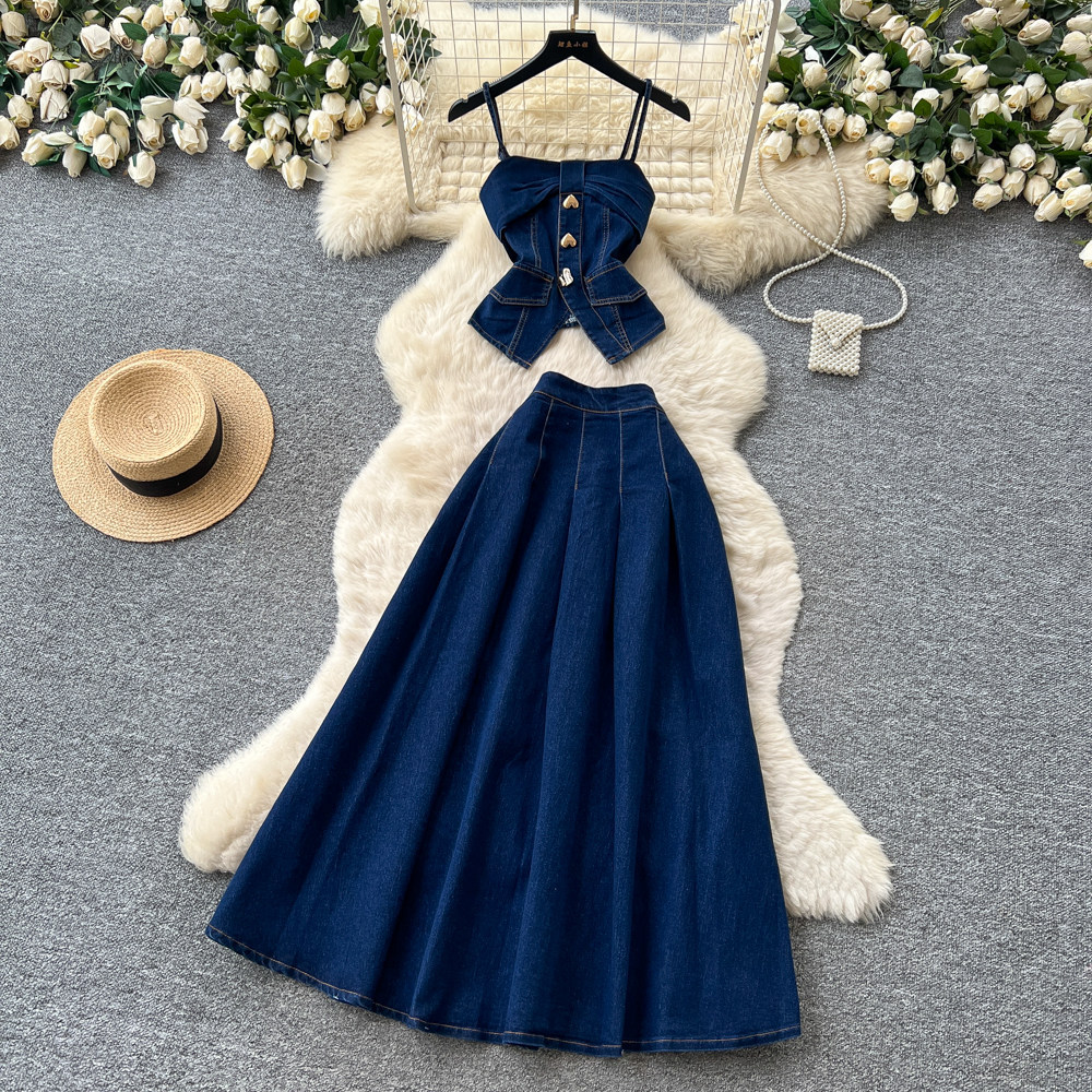 Summer Womens Denim Set Sleeveless Top High Waisted Skirt Casual Chic Style Wholesale Available