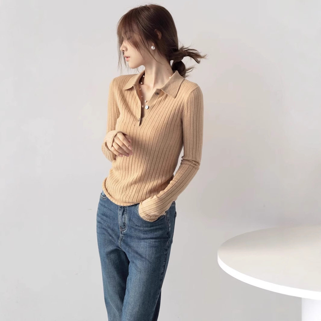 MZOXMO气质polo领优雅大方澳洲美丽诺羊毛竖条纹针织衫女春秋毛衣