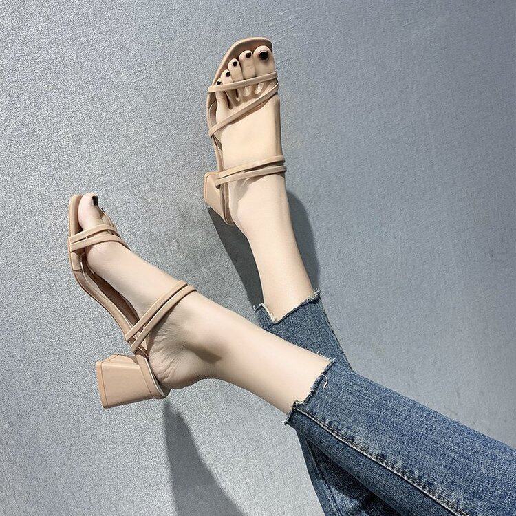 Strap sandals, square toe, thick heel, two-wear high-heeled sandals for women, versatile sandals