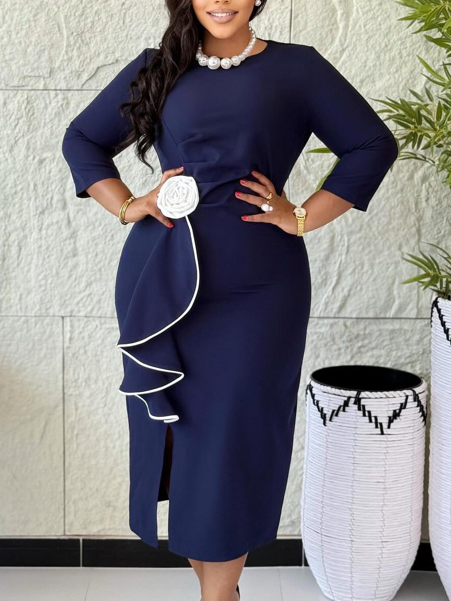 women's large size elegant round neck three-dimensional flower fashion ruffled hip-covering temperament